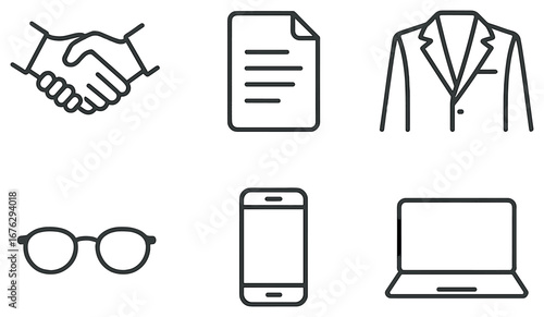 Business essentials linear icon set. featuring handshake, document, suit, glasses, smartphone, laptop