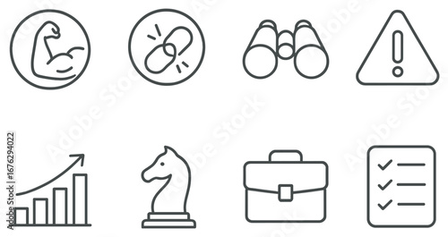 Business strategy linear icon set. featuring muscle, link, binoculars, alert, growth, knight, briefcase, checklist