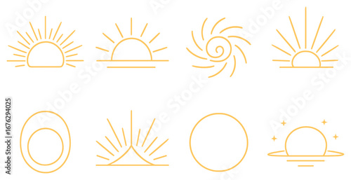 Sunburst linear icon set. featuring rising, shining, swirling, and eclipsing sun symbols