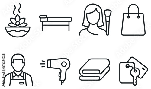 Spa and beauty linear icon set. featuring massage, therapist, shopping, stylist, hairdryer, towels, keys, and aroma bowl icons