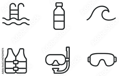 Beach essentials linear icon set. featuring pool, bottle, wave, vest, snorkel, goggles symbols