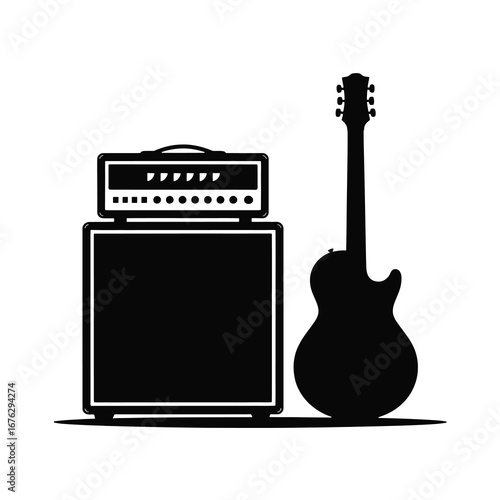 Electric guitar and amplifier silhouette for rock music and performance concepts