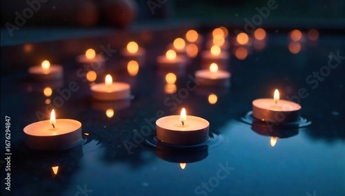 Serene floating candles illuminate a dark, still water surface, creating a magical, ethereal ambiance Perfect for spa, relaxation, meditation, and tranquility themes , night, spa
