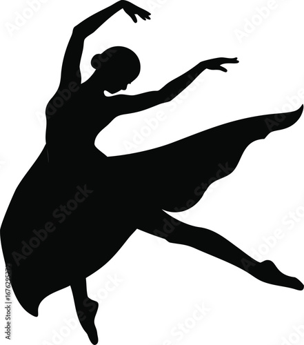 Graceful black silhouette of a ballerina performing an elegant ballet pose in mid-dance silhouette