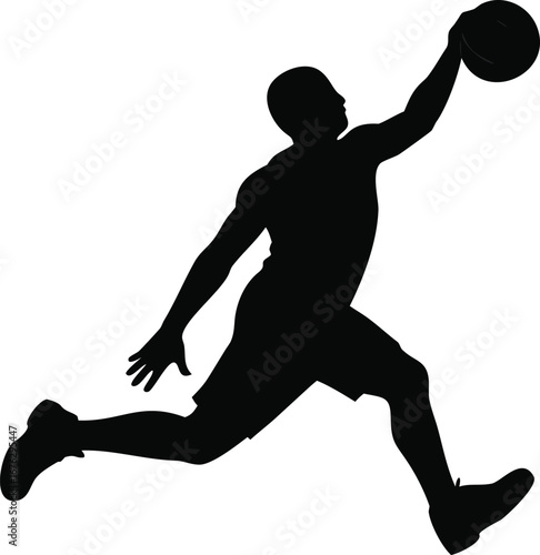 Dynamic silhouette of a basketball player in mid-air dunking a basketball silhouette