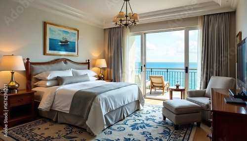 Luxurious nautical-themed hotel suite overlooking the ocean  Enjoy stunning sea views from your private balcony, complete with nautical decor and plush furnishings ,  accommodation,  luxury suite