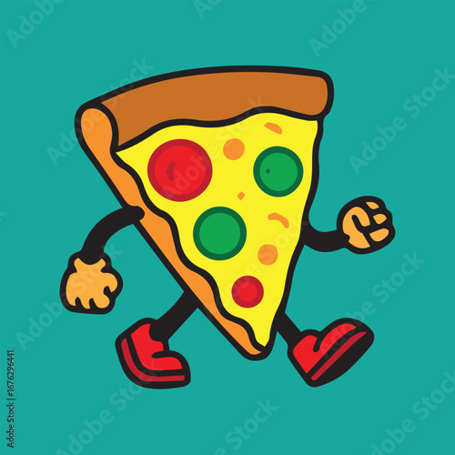 Vector cartoon illustration of a cute pizza slice, designed in colorful style, symbolizing fun, joy, happiness, liveliness, playfulness, energy, and delicious taste.