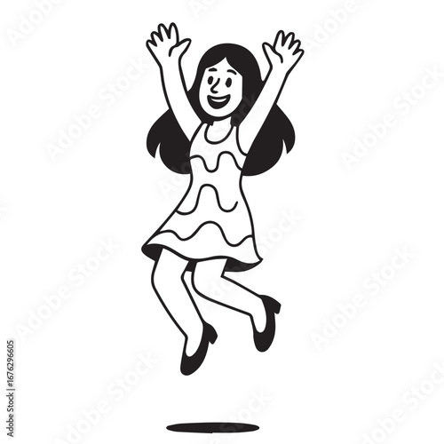 Vector cartoon illustration of a cute young woman jumping happily, designed in black and white with bold black outlines, symbolizing energy, joy, and movement.