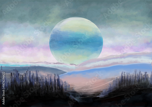 Surreal Landscape with Large Planet and Misty Mountains. Fantasy Sky with Giant Moon over Colorful Hills. Dreamlike Landscape with Cosmic Planet and Forest Silhouette