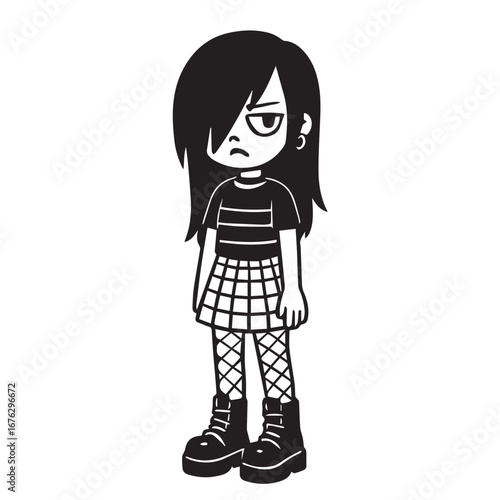 Vector design of young woman in emo metal fashion, teenager look, drawn in simple black and white with distinct bold black outlines.