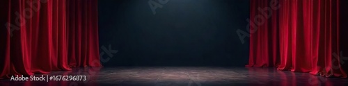 Luxurious velvet stage curtains drawn back to reveal a dark, empty stage, ready for a performance  Perfect for theatrical, performance, and entertainment concepts ,  design,  venue,  color