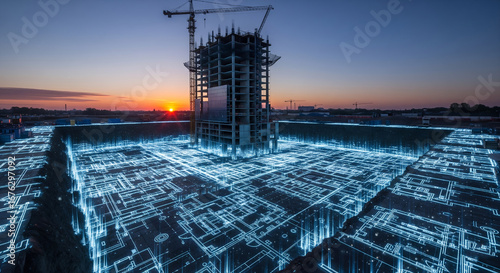 A powerful business metaphor for strategy and planning, showing glowing architectural blueprints as the solid foundation of a skyscraper under construction.
