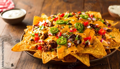 Loaded nachos with melted cheese and toppings