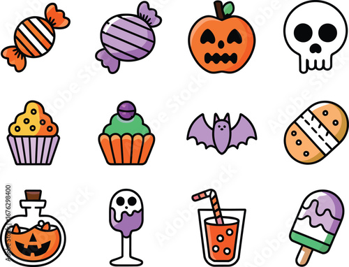 Halloween treats and spooky icons candy cupcake
