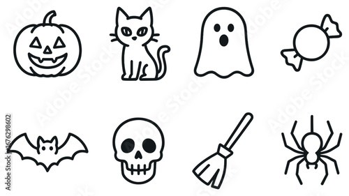 Halloween linear icon set. featuring pumpkin, cat, ghost, candy, bat, skull, broom, and spider symbols