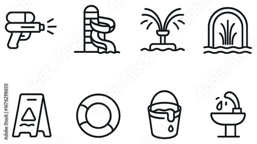 Waterpark linear icon set. featuring watergun, slide, fountain, waves, caution, lifebuoy, bucket, and sink