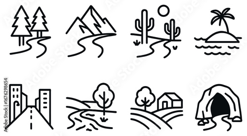 Nature and landscape linear icon set. featuring forests, mountains, deserts, islands, cities, rivers, cabins, and caves