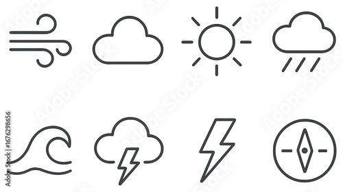 Weather linear icon set. featuring wind, cloud, sun, rain, wave, storm, lightning, compass symbols