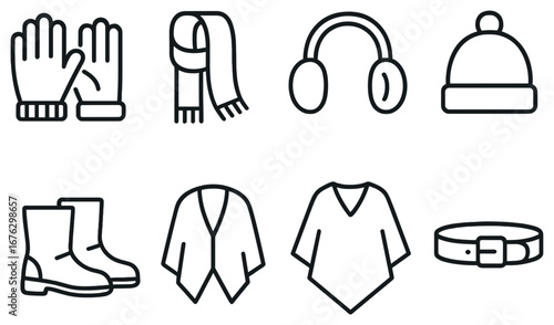 Winter clothing linear icon set. featuring gloves, scarf, earmuffs, beanie, boots, cardigan, poncho, belt