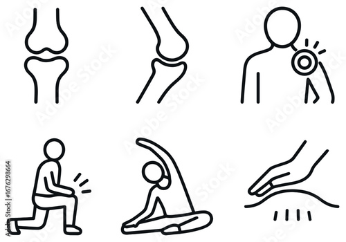 Physical therapy linear icon set. featuring joint, knee, shoulder, exercise, stretching, massage symbols