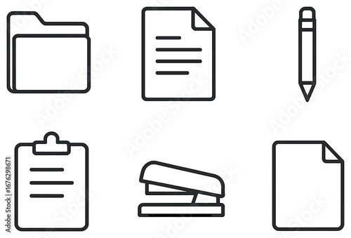 Office supplies linear icon set. featuring folder, document, pencil, clipboard, stapler