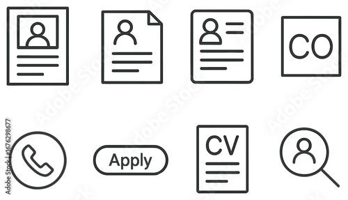 Job application linear icon set. featuring resume, profile, document, phone, apply, cv, contact, and search