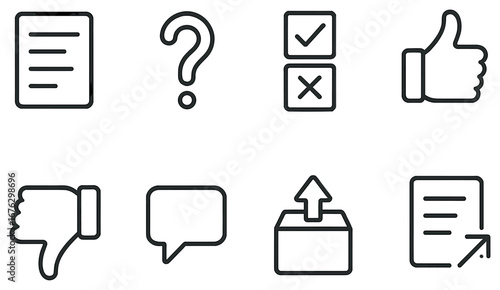 Feedback linear icon set. featuring checklist, question mark, thumbs up, thumbs down, speech bubble, outbox, and document symbols