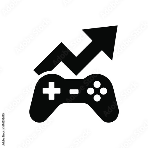 Video game controller with upward trend arrow indicating growth and success