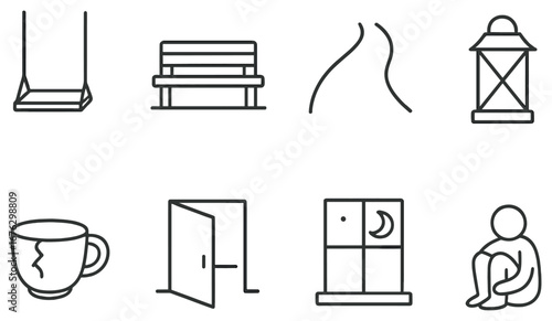 Loneliness linear icon set. featuring swing, bench, path, lantern, mug, door, window, person symbols