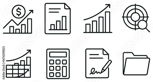 Finance linear icon set. featuring growth, document, chart, target, calculator, analytics, and folder symbols