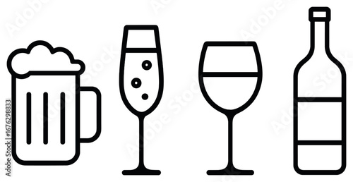 Beverage linear icon set. featuring beer mug, champagne flute, wine glass, and wine bottle symbols