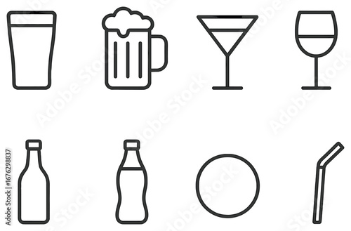 Beverage linear icon set. featuring beer, cocktail, wine, bottle, soda, glass, and straw symbols