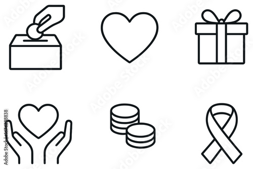 Charity linear icon set. featuring donation, heart, gift, support, coins, and awareness symbols