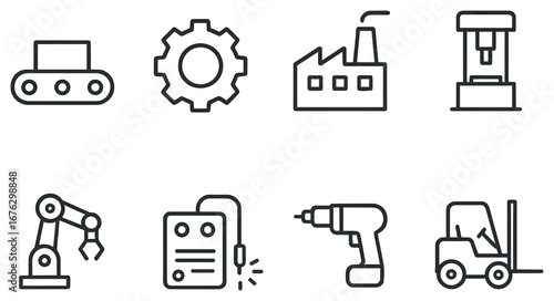 Industrial equipment linear icon set. featuring conveyor, gear, factory, drill, and forklift