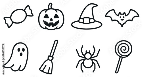 Halloween theme linear icon set. featuring candy, pumpkin, witch hat, bat, ghost, broom, spider, and lollipop