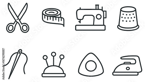 Sewing tools linear icon set. featuring scissors, tape measure, sewing machine, thimble, needle, pin cushion, iron.