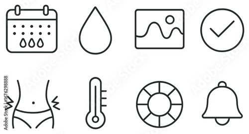 Weather and fitness linear icon set. featuring calendar, rain, drop, landscape, check, temperature, lifesaver, bell