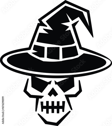 Skull wearing a pointed hat with a wide brim black and white