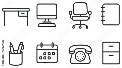 Office essentials linear icon set. featuring desk, computer, chair, planner, stationery, calendar, telephone, filing cabinet