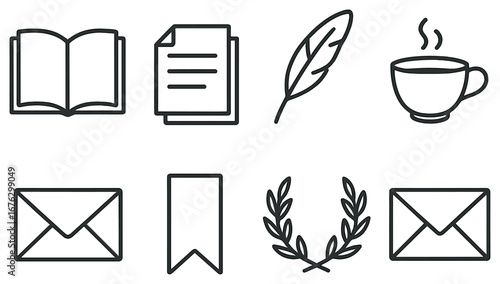 Education and writing linear icon set. featuring book, paper, feather, coffee, envelope, bookmark, laurel
