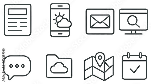 Digital communication linear icons set. featuring email, phone, message, cloud, map, search, calendar