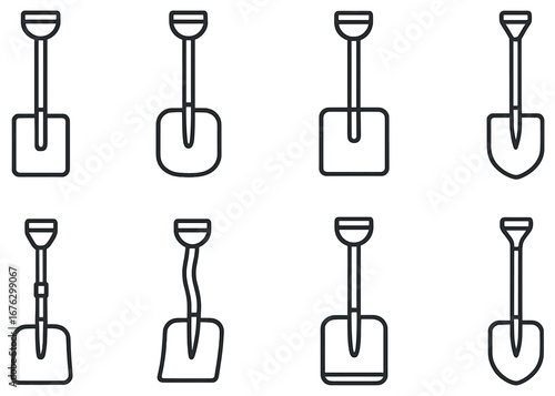 Gardening tools linear icon set. featuring spade, shovel, scoop, trowel, fork, hoe, and rake icons