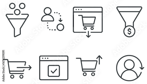 Marketing and e-commerce linear icon set. featuring funnel, customer, shopping cart, conversion, and sales symbols