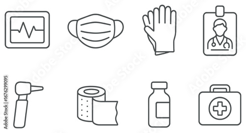 Medical equipment flat icon set. featuring monitor, mask, gloves, id badge, otoscope, toilet paper, bottle, first aid kit