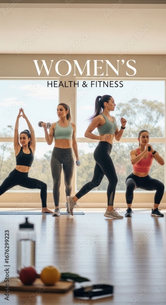 Fototapeta premium Group of active women doing various exercises like yoga, squats, jogging, and lifting small weights in a bright sunny fitness studio for ultimate health and wellbeing.