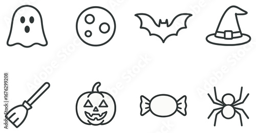 Halloween linear icon set. featuring ghost, moon, bat, witch hat, broom, pumpkin, candy, and spider