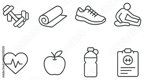 Fitness essentials linear icon set. featuring dumbbell, yoga mat, shoes, stretching, heart, apple, water bottle, and clipboard