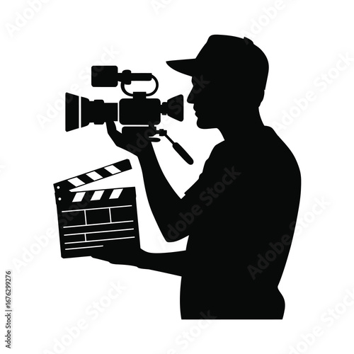 Filmmaker silhouette capturing a scene with professional video camera and clapperboard ready for action