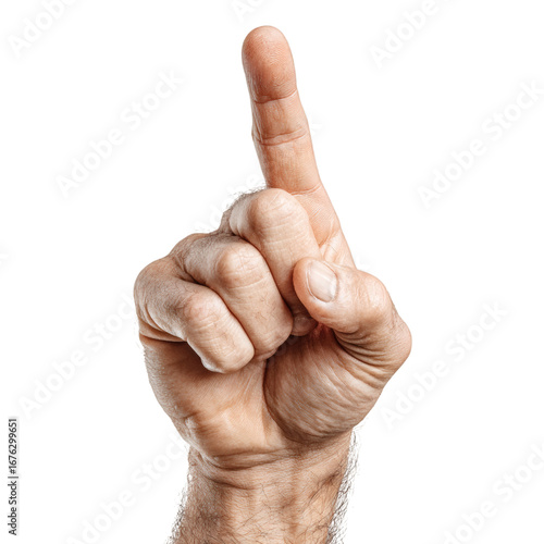 Mature hand making the number one sign isolated on white symbolizing achievement and a top choice
