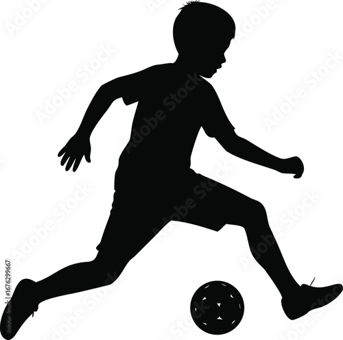 Young boy kicking soccer ball action silhouette dynamic athleticism childhood sports energy silhouette
